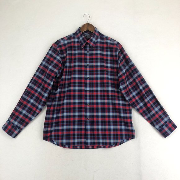 Paul Fredrick Men's Size Medium Finest Long Staple Cotton Red Blue Plaid Shirt - Picture 1 of 8